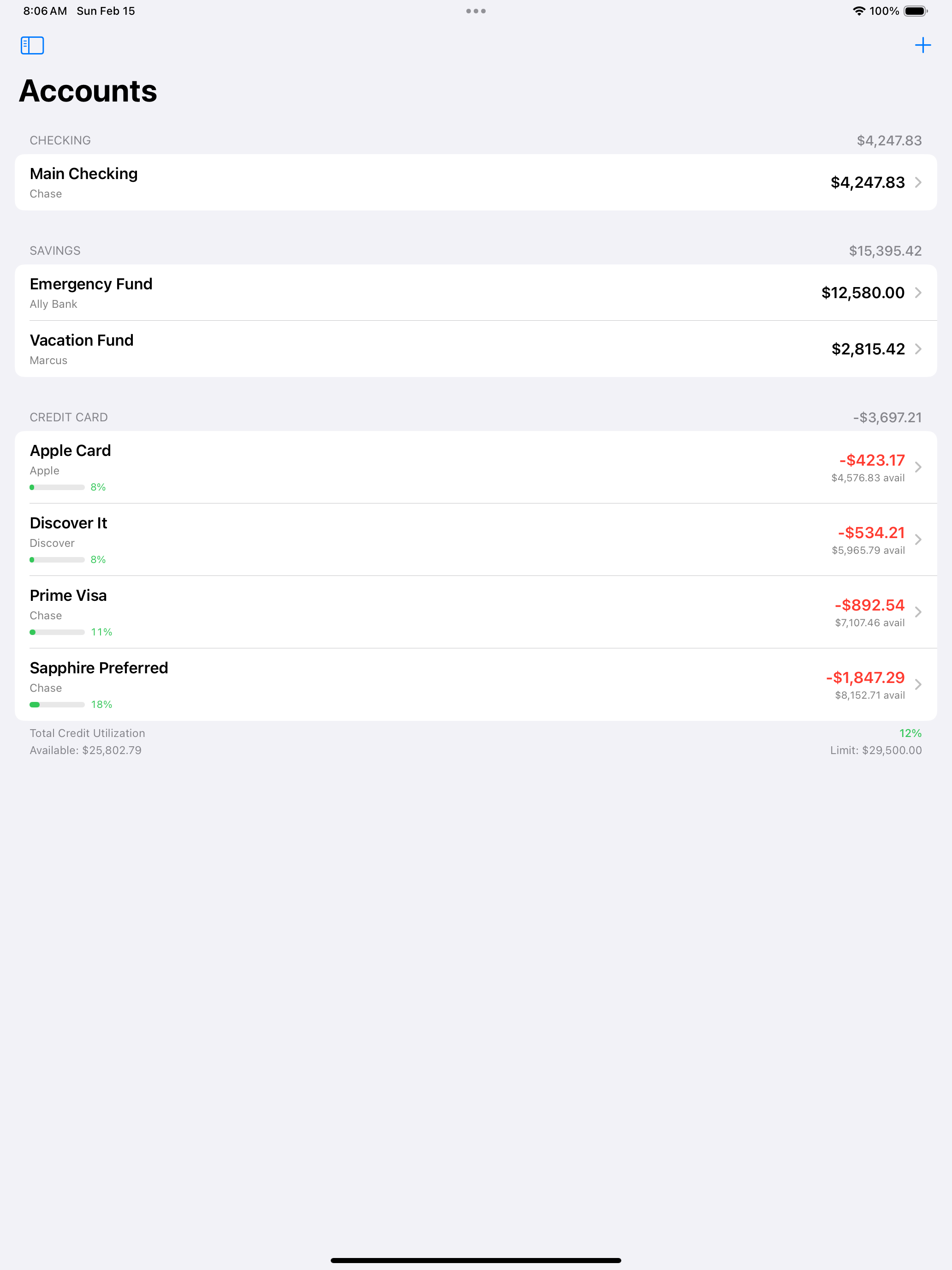 Accounts screen on iPad showing sidebar navigation with account list and balances