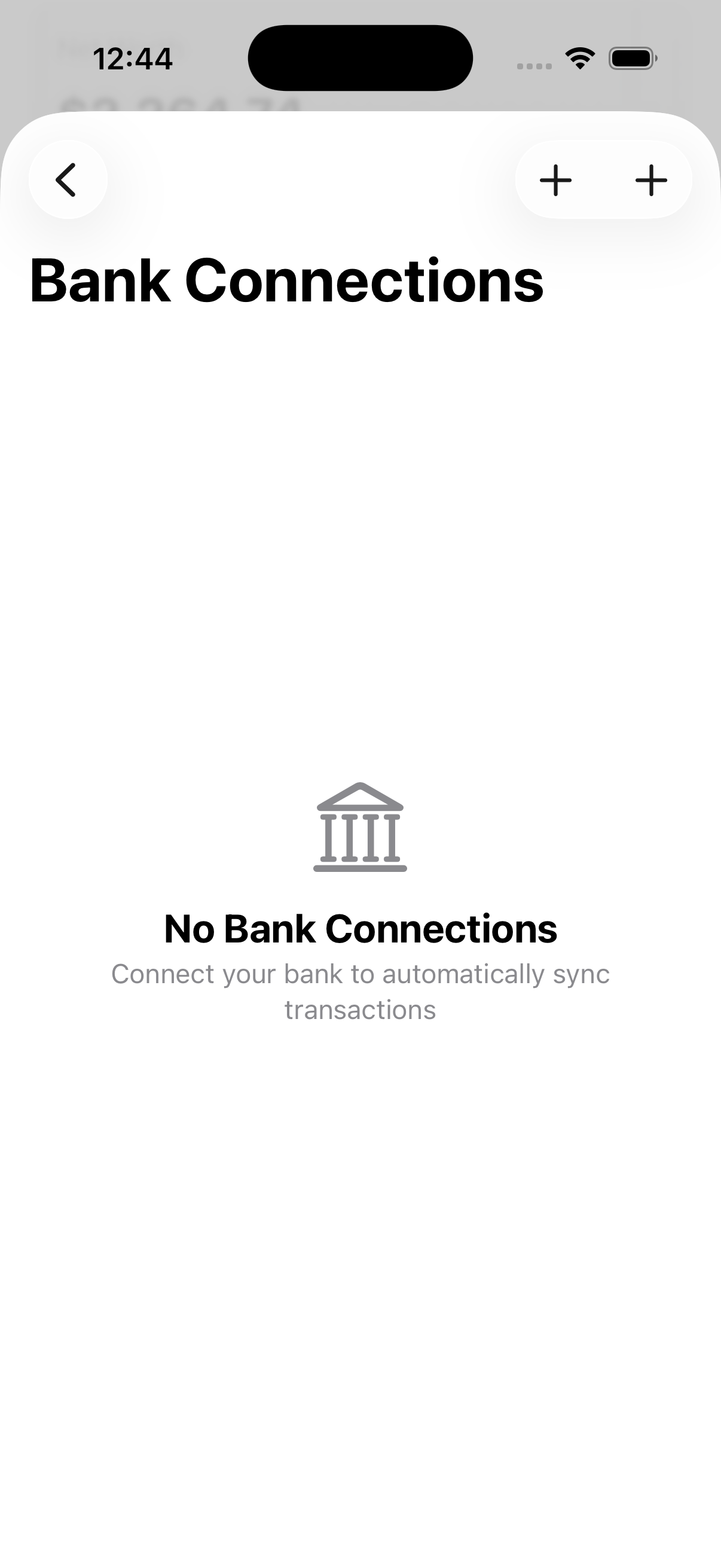Bank Connections screen for linking financial institutions