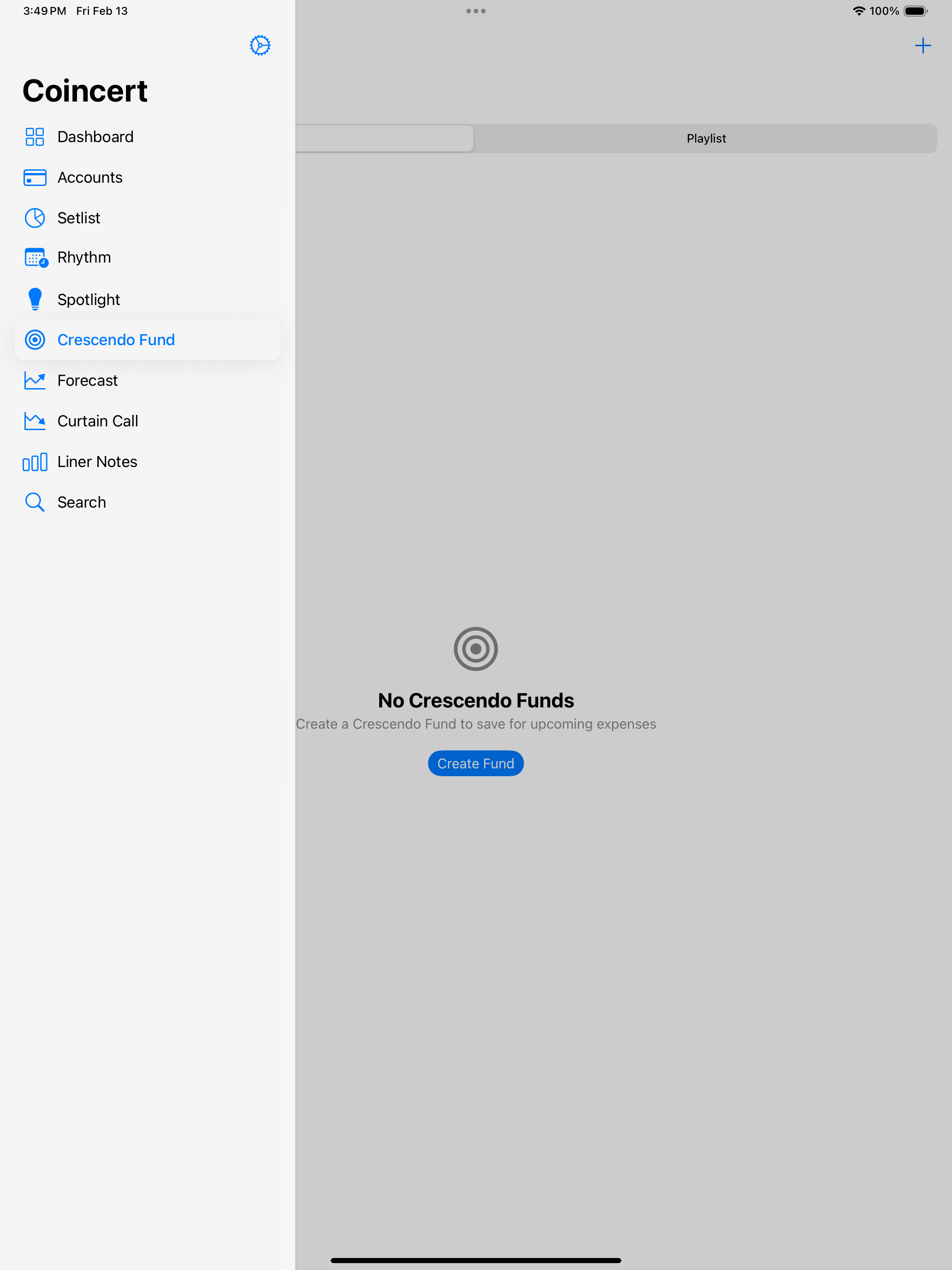 Crescendo Funds savings goals screen on iPad showing sidebar navigation with goal progress