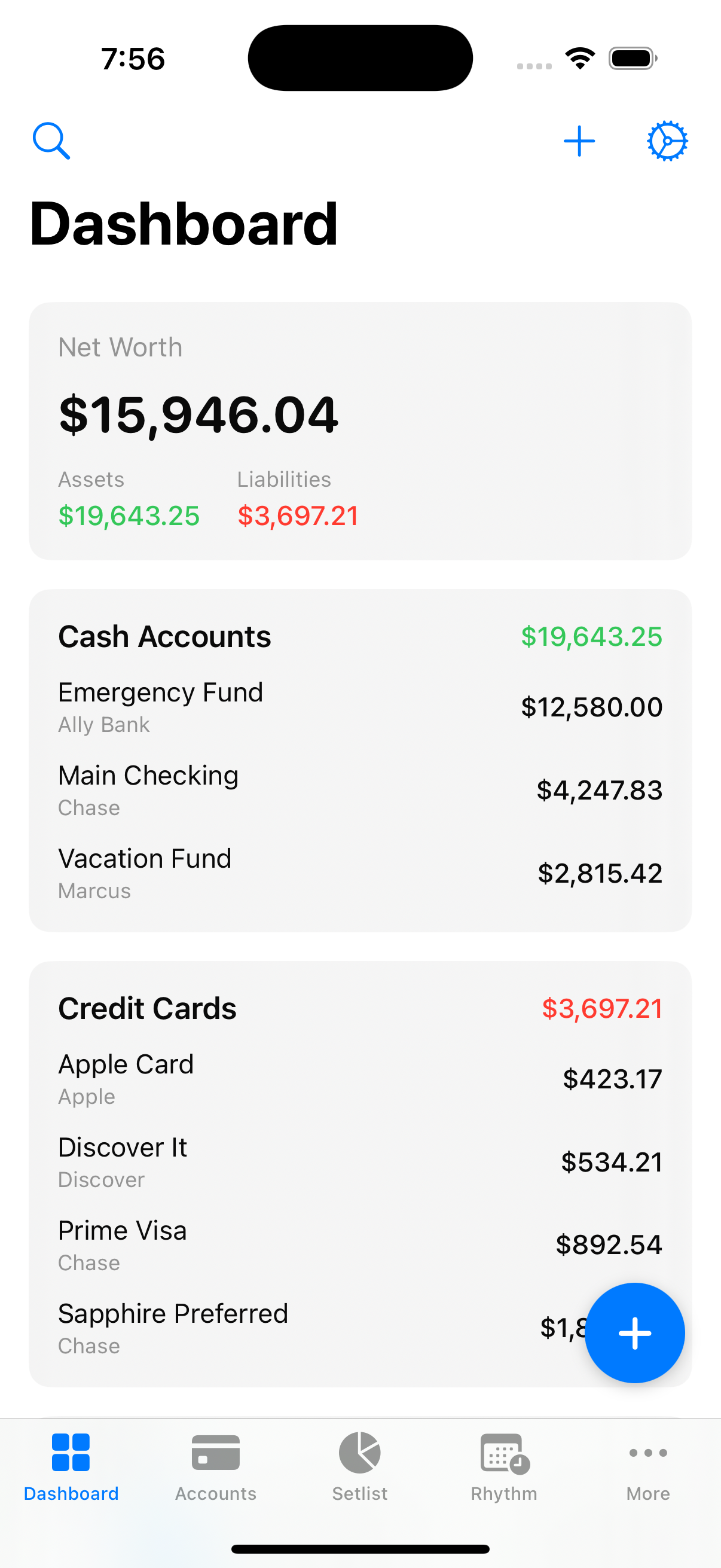 Coincert Dashboard screenshot showing net worth, account balances, and budget overview