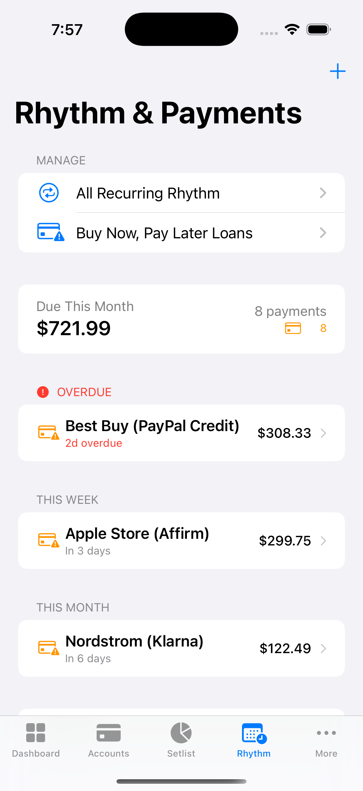 Rhythm bill tracking screenshot showing upcoming bills and payment status