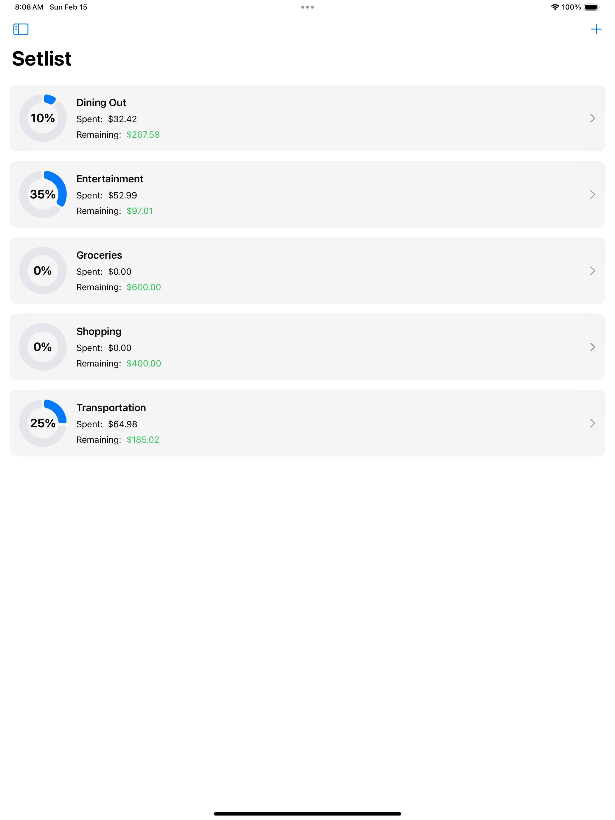Setlist budget screen on iPad showing sidebar navigation with category spending limits
