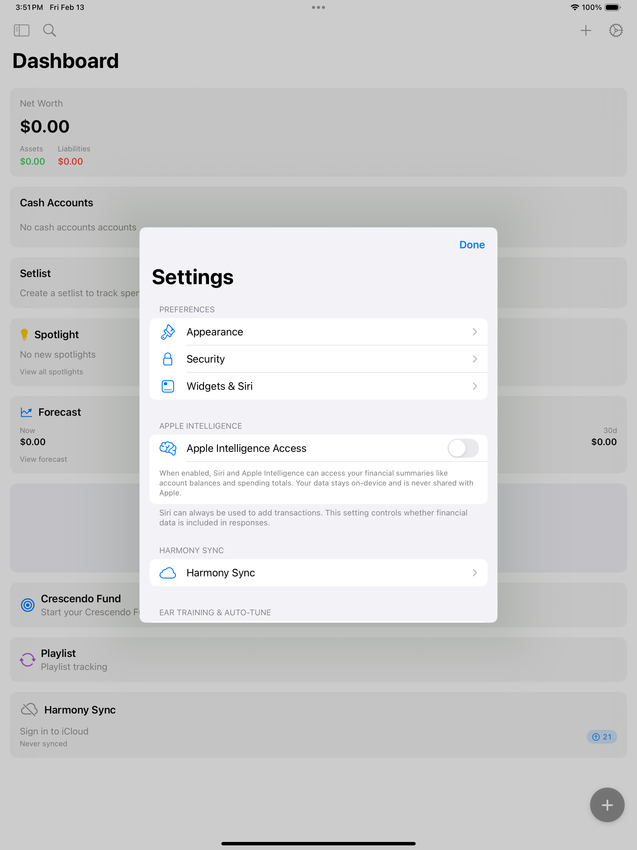 Settings screen on iPad showing sidebar navigation with configuration options