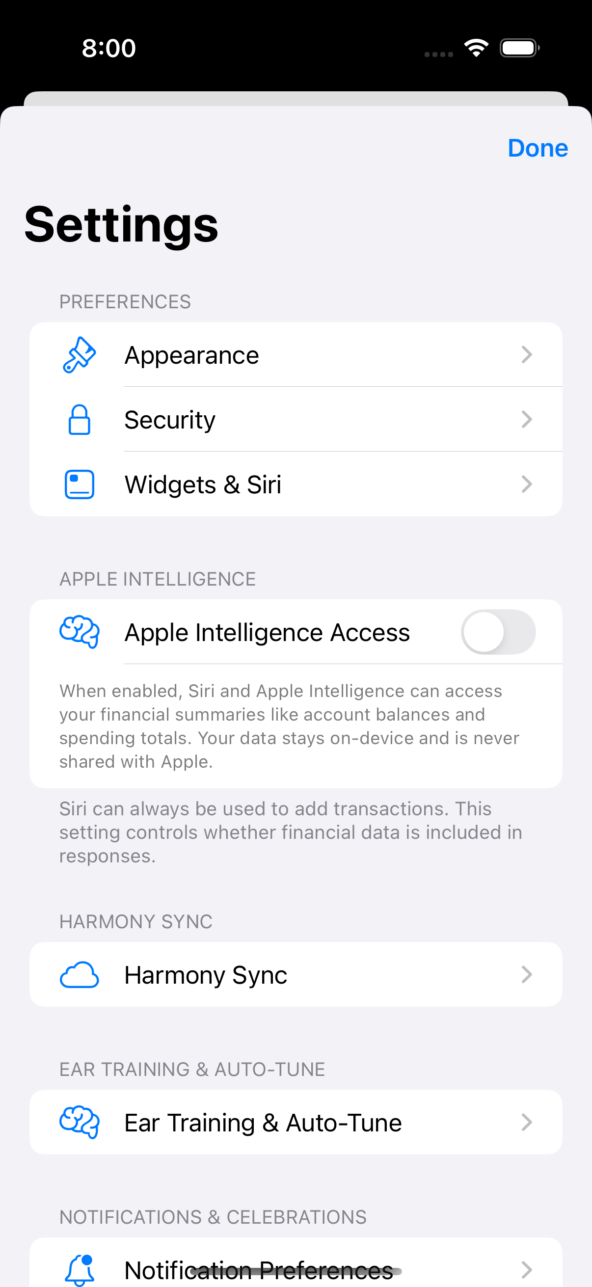 Settings screen showing Harmony Sync option for iCloud synchronization